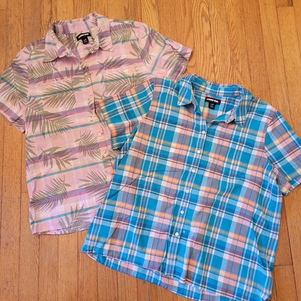 Lands End LP Blouse Set Blue Pink Plaid Tropical Short Sleeve Button Down Beach
